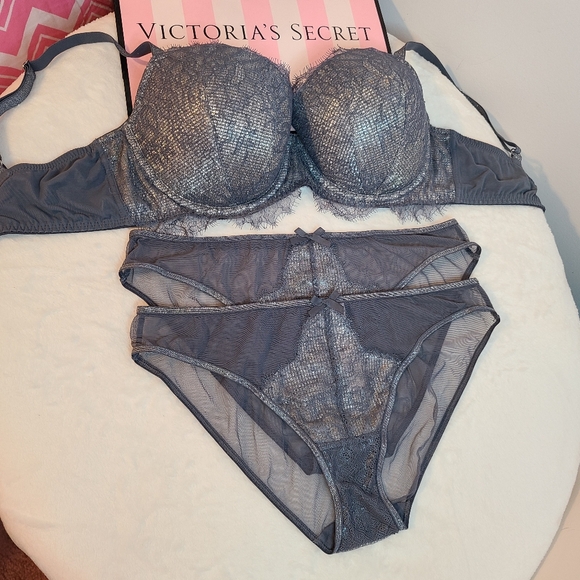 Victoria's Secret Other - VS Dream Angels 3pc Bra & Panties Set Size 34E/med ☆ Gray Sparkle Lace